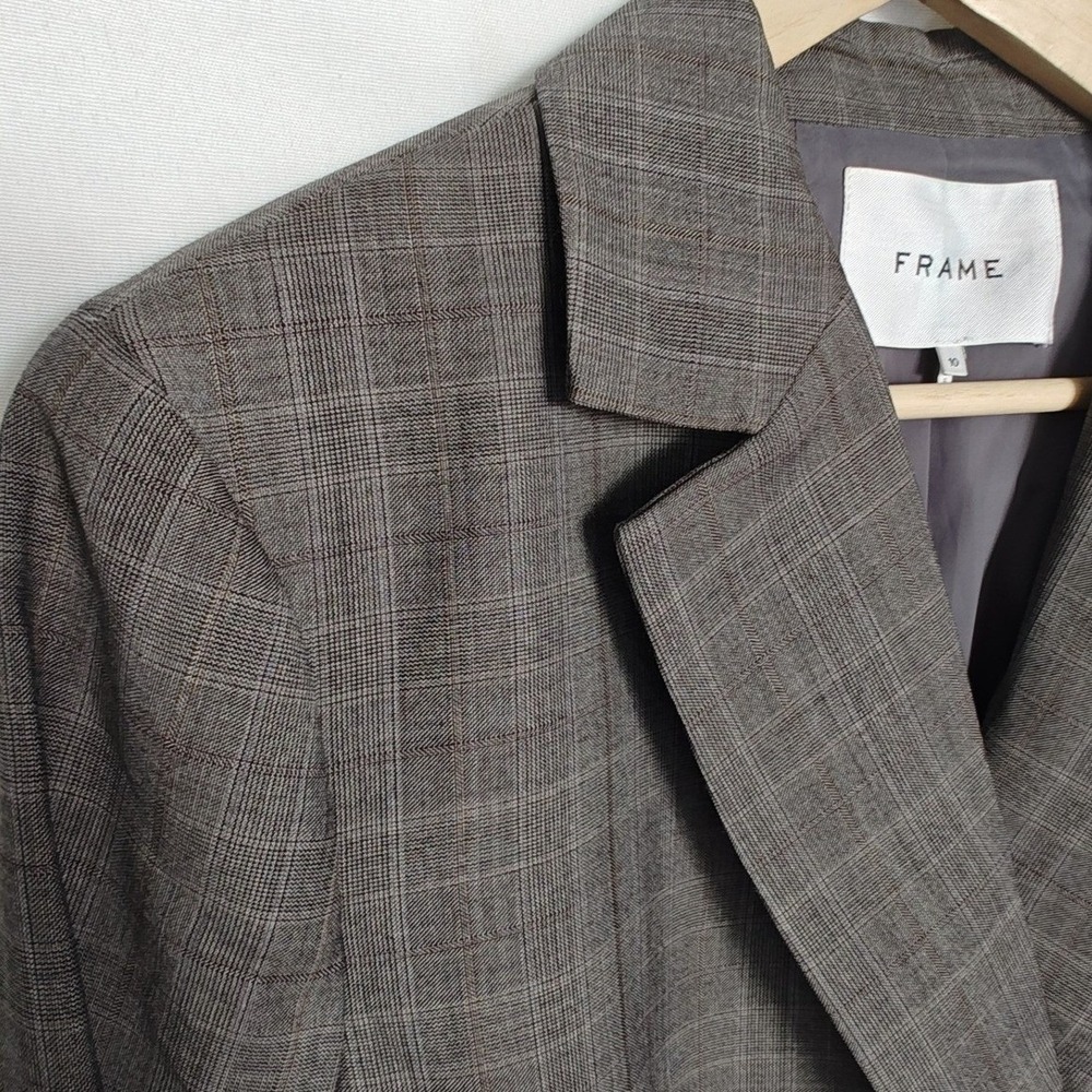 FRAME Blazer Double Breasted Wool Gray Tan Plaid Size 10 Relaxed Fit - Picture 5 of 14